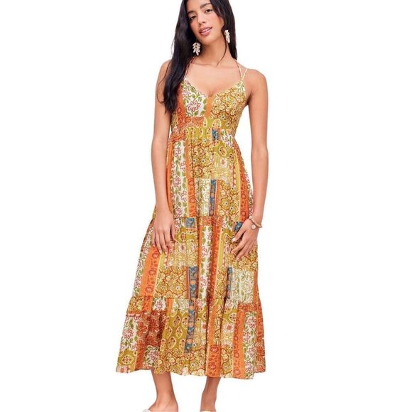 NWT Cider Woven V-Neck Halter Floral Patch Maxi Dress Sz 6 - Picture 1 of 9